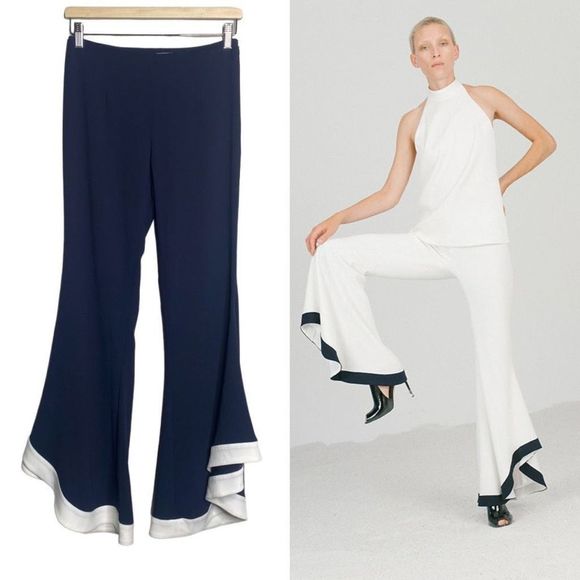 Galvan London Pants - Elegant Navy and White Flare Pants Galvan